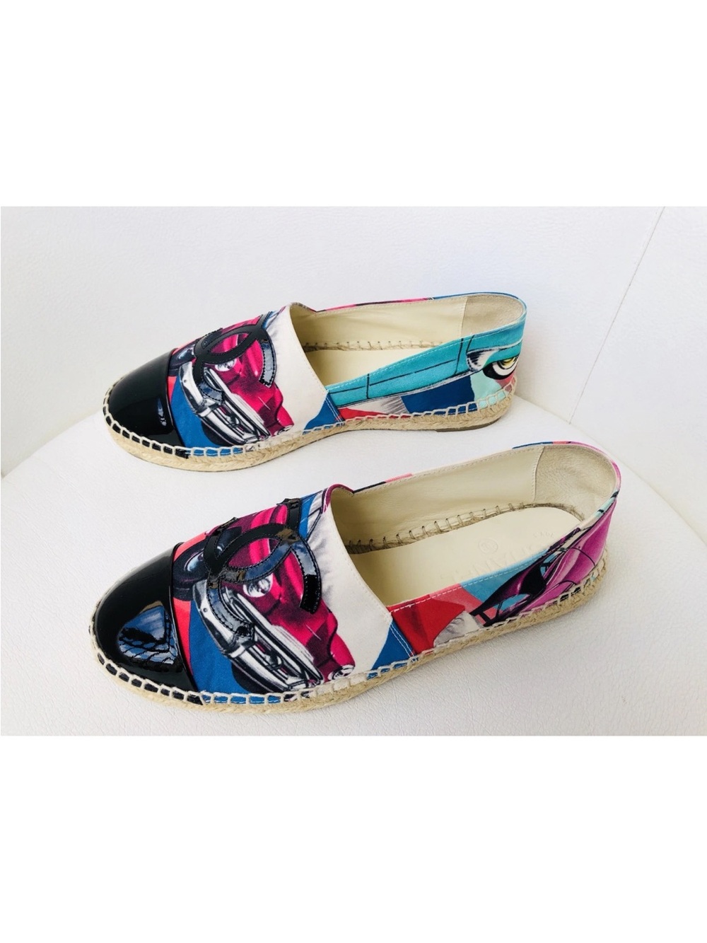 CHANEL MULTICOLOR CANVAS PINK BLACK PATENT LEATHER CAPTOE ESPADRILLE FLATS SZ 37 - Picture 8 of 12